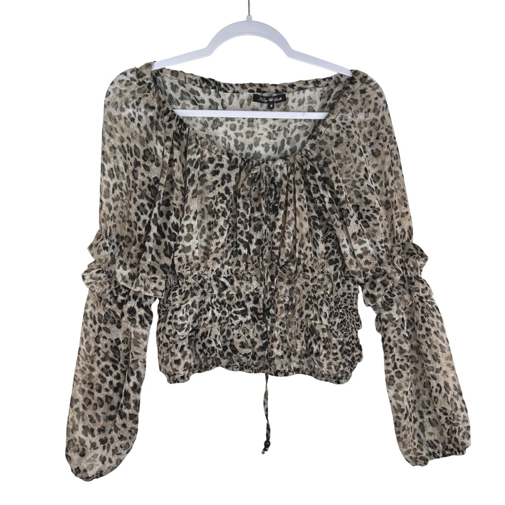 King & Girls Leopard Print Smocked Waist Ruffle Sleeve Sheer Blouse Medium